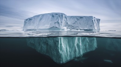 A large iceberg is floating in the ocean, with a small portion of it visible in the water, AI