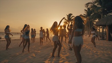 Young adults dancing on the beach enjoy the sunset on their vacation, generatvie AI, AI generated