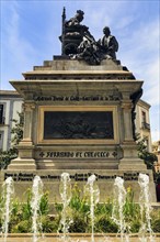 Monument with bronze sculpture of Queen Isabella I and Christopher Columbus, fountain, Plaza Isabel