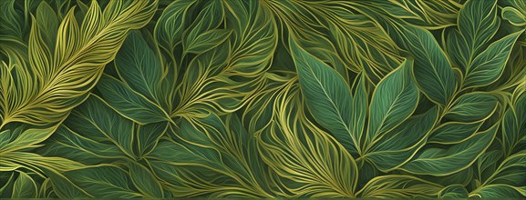 Abstract wallpaper highlighting stylized cannabis leaves in vibrant green and golden colors, AI