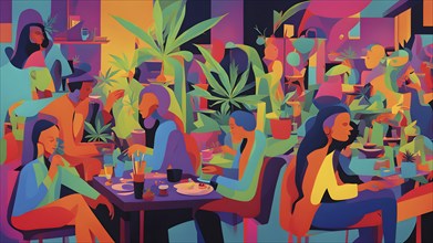 Abstract composition of a cannabis cafe with ambiance bold contrasting colors and playful shapes,