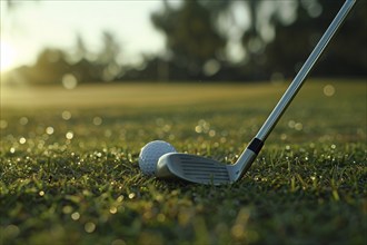 Close up of golf ball and club on grass. Generative AI, AI generated