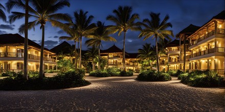 Real estate beach resort at the Caribbean coast at night, AI generated