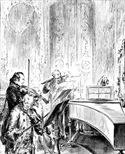 Frederick II the Great playing the royal flute in the parlour of Sanssouci Palace. Hohenzollern,