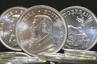 Close-up of Krugerrand silver coins