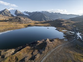 Aerial view, mountain peak and mountain lake, evening mood, Arabel Lake at Arabel Pass, Issyk Kul