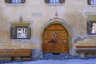 Entrance doors, sgraffito in the house walls, Scuol, Engadin, Graubünden, Switzerland, Europe