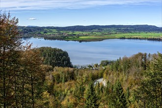 View of the Lake Kochel, Loisach-Lake Kochel-Moor, Schlehdorf, behind Hoher Peißenberg and Rehberg,