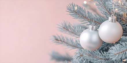 Christmas banner with white bauble ornaments on pink background with copy space. Generative AI, AI