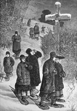 Church walk with snowshoes in winter, Canada, Historical, digitally restored reproduction from a