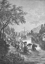 Hungarian ship pullers in a branch of the Danube near Hainburg, Historical, digitally restored