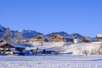 Ertlhöfe, in front of the Brauneck, in winter, Arzbach, Lenggries, Upper Bavaria, Bavaria, Germany,