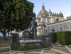 Cathedral church in Jerez de la Frontera, Cadiz province, Spain with Tio Pepe statue