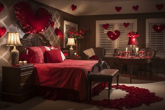 A cozy bedroom adorned with red and white heart-shaped balloons, rose petals, and candles creating