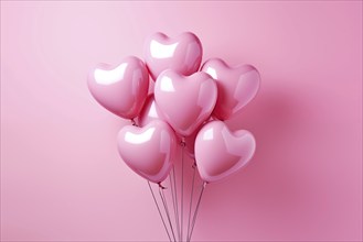 Bunch of glossy pink heart-shaped balloons against a soft pink background, perfect for Valentine's