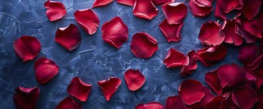 A close up of red rose petals. Petals are scattered and overlapping, sense of depth and texture, AI