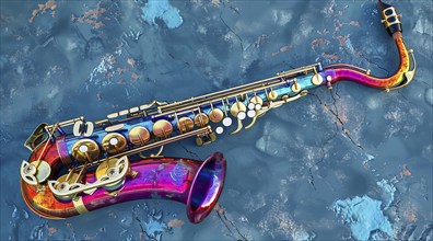 A colorful saxophone is displayed on a wall, AI generated