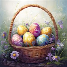 Abstract illustration of of vibrant-colored Easter eggs in a wicker basket, surrounded by delicate