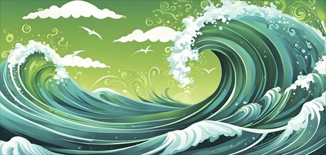 Illustration of swirling ocean waves and recycling symbols to represent clean oceans and