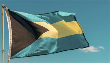 The flag of the Bahamas flutters in the wind, isolated against a blue sky