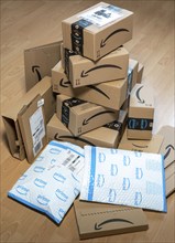 Parcels from online mail order company Amazon, various packaging, Amazon Prime