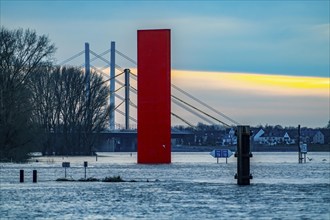 Flood on the Rhine near Duisburg, Rhine bridge Neuenkamp, old and new construction, landmark Rhine