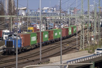 Port of Hamburg, Waltershofer Hafen, goods train with containers brings and collects freight