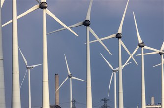 Westereems and Growind wind farms, totalling over 80 wind turbines, at the seaport of Eemshaven,