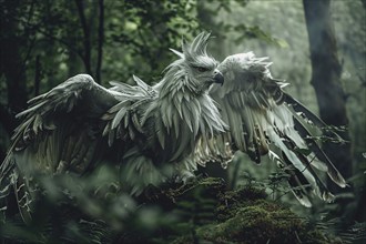 White griffin bird in forest. Generative Ai, AI generated