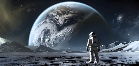 An astronaut stands on a lunar-like surface gazing at an immense planet rising, AI generated