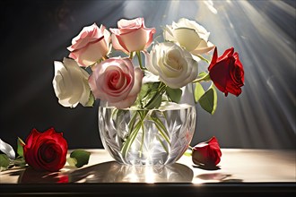 Transparent crystal glass vase with white and red blooming roses, AI generated