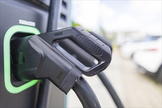 Electric cars at charging stations, Dresden, Saxony, Germany, Europe