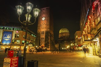 Nuremberg, White Tower and Elisabeth Church illuminated at night, Bavaria, Germany, Europe