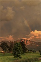 Evening mood with clouds and rainbow over mountains, summer, Loisach-Lake Kochel-Moore, view of