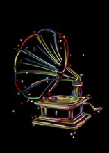 Stylized hand drawn gramophone vintage, stylized vector illustration in colors over black