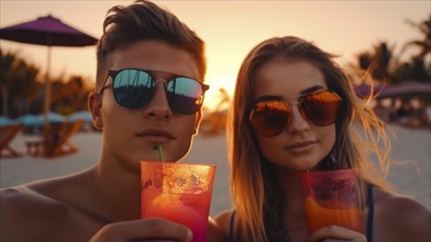 Young adult couple with tropical drinks enjoys the sunset on her vacation, generatvie AI, AI