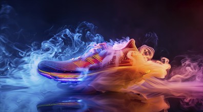 Colorful running shoes in splashes water. Shoes are bright. Water adds sense of energy to scene, AI