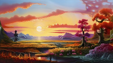 AI generated painting of a surreal landscape with digital brush strokes intertwining with