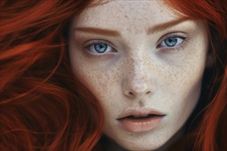 Close up of dace of woman with bright red hair and many freckles. KI generiert, generiert AI