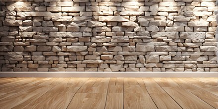 Three dimensional rendering of natural stone wall and wooden floor, AI generated