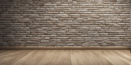 Three dimensional rendering of natural stone wall and wooden floor, AI generated