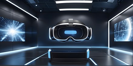 Three dimensional render of virtual reality glasses in a digital room, AI generated