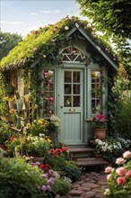 Plain Little tiny house in a floral garden with blooming flowers, AI generated