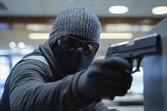 Bank robber with face hidden behind ski mask and sunglasses with gun. Generative Ai, AI generated