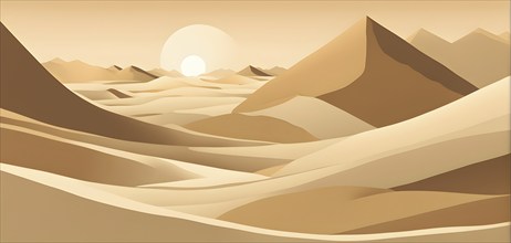 Abstract desert scene with triangular sand dunes and a single circular sun, using sharp lines and