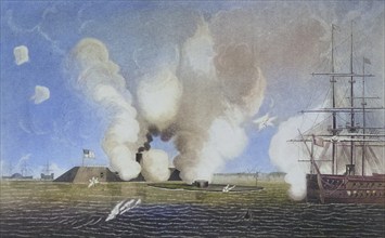 First naval battle between ironclads. The Confederate CSS Virginia, formerly Merrimack, on the left