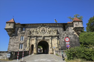 Gate portal, lower castle gate, stone figures, decoration, relief, columns, Hohentübingen Castle,