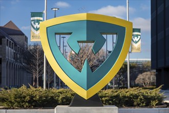 Detroit, Michigan, Wayne State University. The university's logo is on display at the entrance to