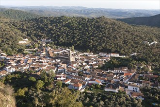 Overhead oblique angle view of village of Alajar, Sierra de Aracena, Huelva province, Spain, Europe