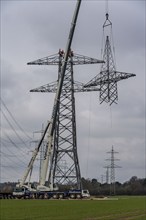 Installation of a high-voltage pylon, construction of a new line route, near Neuss-Holzheim, North